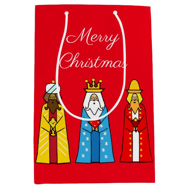 Trois Hommes Sages sur Sac Cadeau Moyen Rouge (Devant)