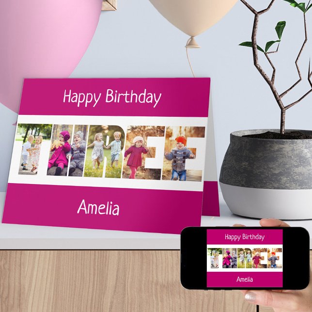 TROIS Lettres Photo Filles roses 3e Carte Annivers (Créateur téléchargé)