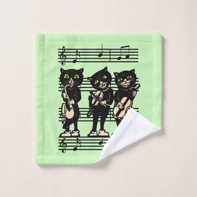 Trois musiciens de chats noirs Feuille de notes Ve (Gant de toilette)