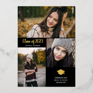 Trois photos   Faire-part de graduation Gold Foil