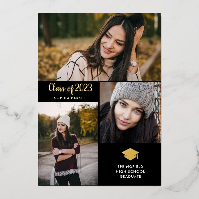Trois photos | Faire-part de graduation Gold Foil (Recto)