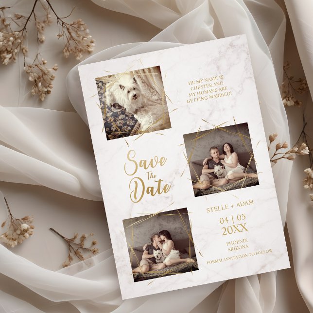 Trois photos Fiançailles Faire-part Faux Marble (Modern Calligraphy Three Photos Engagement Announcement on Faux Marble Save the Date Card.)