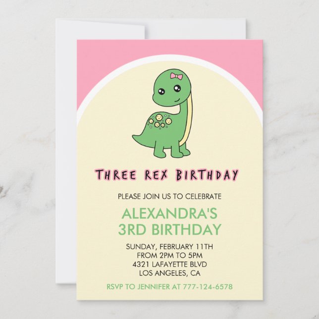 Trois rex anniversaire invitation fille dinosaure  (Devant)