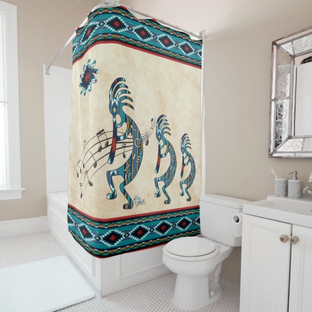Trois rideau de douche Kokopelli Turquoise (En situation)