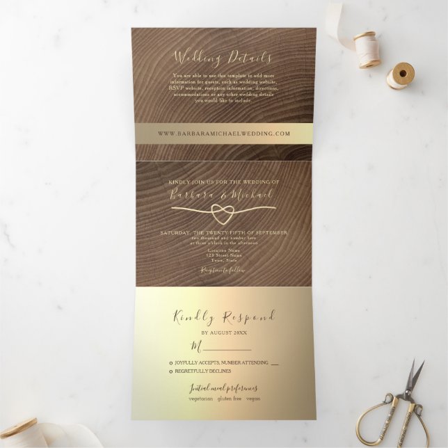 Trois Volets 3 en 1 Invitation triplée Mariage de bois (Intérieur)