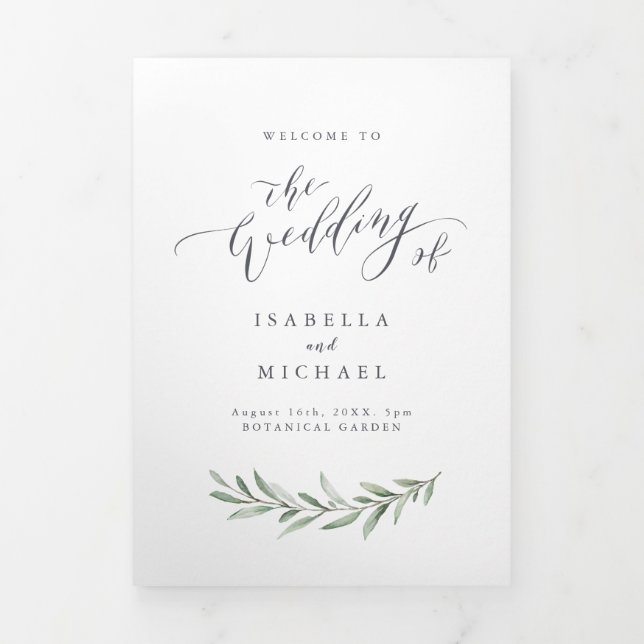 Trois Volets Calligraphie simple programme de mariage de verdur (Page de couverture)