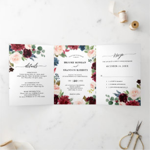 Trois Volets Faire-part de mariage trifold Navy Rouge Bourgogne