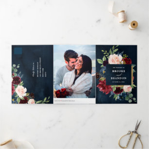 Trois Volets Faire-part de mariage trifold Navy Rouge Bourgogne
