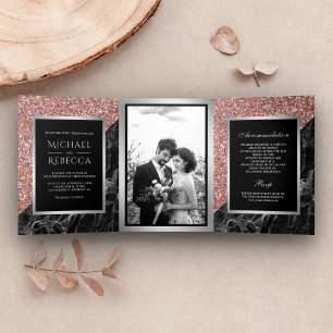 Trois Volets Faux or rose pailleté Invitation de mariage photo
