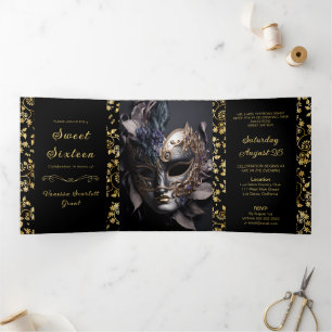 Trois Volets Golden Floral Masquerade Sweet 16 Party Invitation