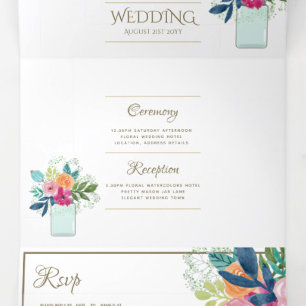 Trois Volets Invitation de mariage floral Fuschia 3in1 et RSVP