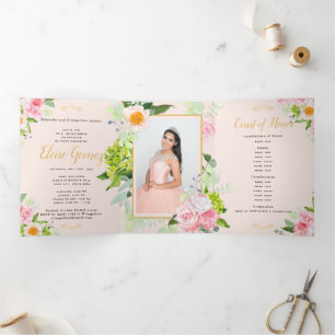 Trois Volets Invitation Quinceanera triplée de fleurs de Pêche
