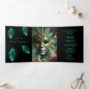 Trois Volets Masquerade et plumes douce 16 Invitation de fête