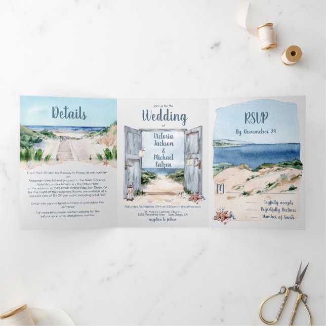 Trois Volets Nautical Beach Wedding Triplement Invitation (Intérieur)