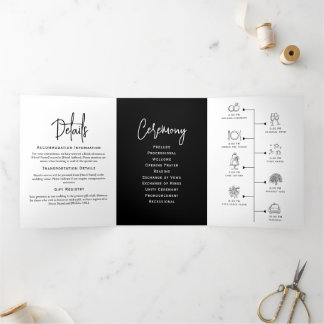 Trois Volets Programme de mariage minimal Noir et blanc Élégant
