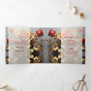 Trois Volets Red Roses et Gold Sweet 16 Party Invitation