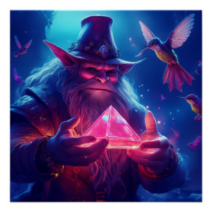 Troll mit glänzender Pyramide und Hummingvögeln Poster
