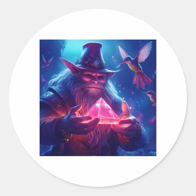 Troll mit glänzender Pyramide und Hummingvögeln Runder Aufkleber (Vorderseite)