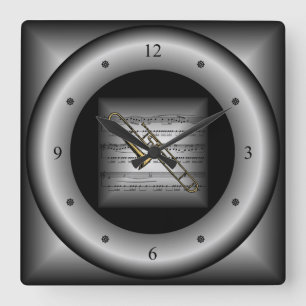 Trombone ~ 3-D Sheet Music ~ Pillow Silver/Black ~ Quadratische Wanduhr