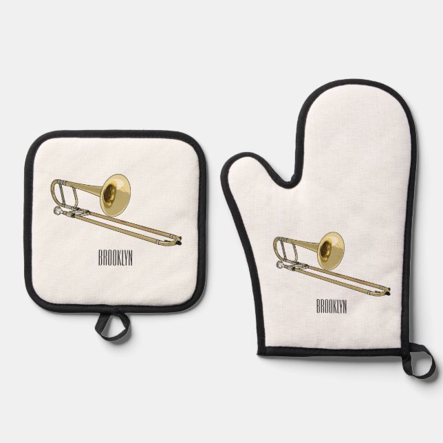 Trombone-Cartoon Ofenhandschuh & Topflappen-Set (Vorderseite)