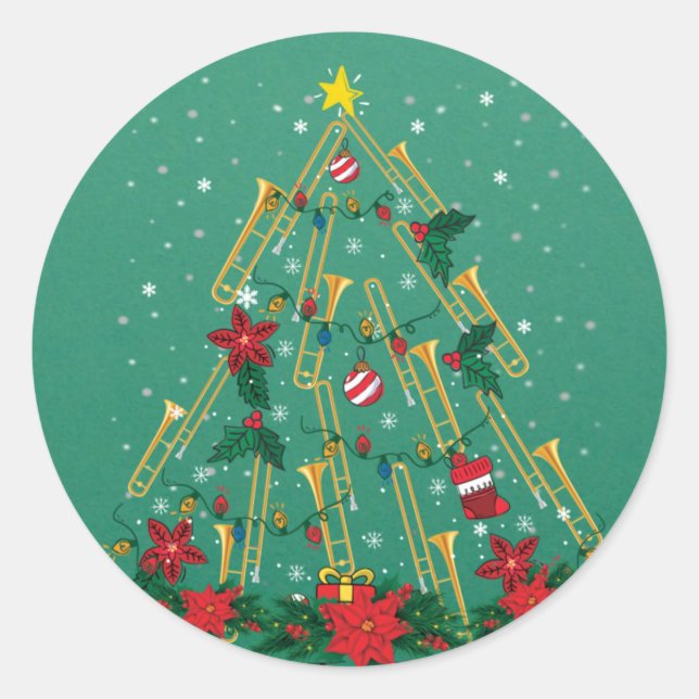 Trombone Christmas Tree Ornaments Funny Music Band Runder Aufkleber (Vorderseite)