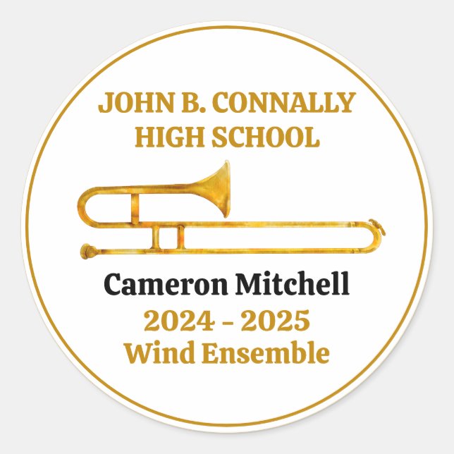 Trombone High School Band Gold Personalisiert Runder Aufkleber (Vorderseite)
