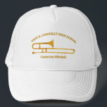 Trombone High School Band Gold Personalisiert Truckerkappe<br><div class="desc">Diese moderne,  maßgeschneiderte High School Marching Band,  die den Schüler- und Bandnamen unter dem Posauneninstrument darstellt. Individuell für Symphonic-,  Windensemble- oder Konzertkapelle-Mitglieder oder deren Regisseur für ein großartiges Abschluss-Sake-Geschenk.</div>