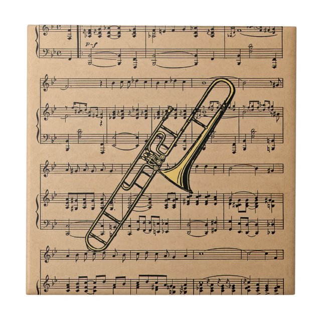 Trombone mit Notenhintergrund Fliese (Vorderseite)