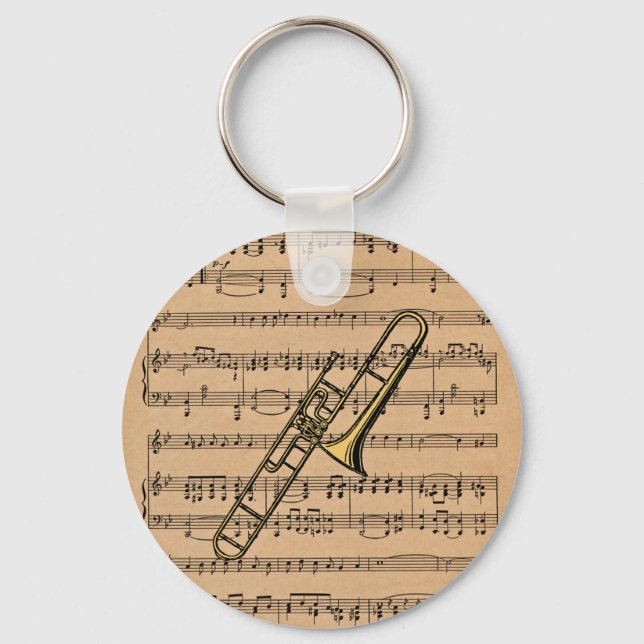 Trombone mit Notenhintergrund Schlüsselanhänger (Vorderseite)