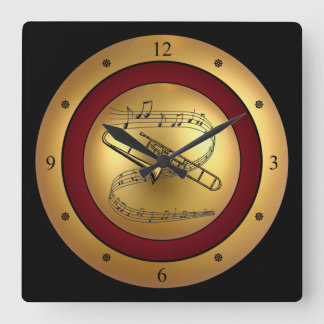 Trombone ~ Musical Scroll ~ Gold/Maroon/Black Back Quadratische Wanduhr
