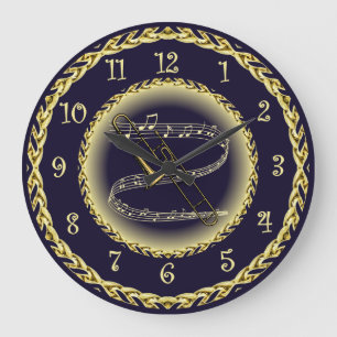 Trombone ~ Musikalische Scroll ~ Gold/Navy Blue ~ Große Wanduhr