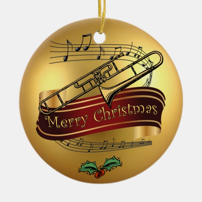 Trombone ~ musikalisches Rolle ~Gold "frohe Keramik Ornament (Vorne)