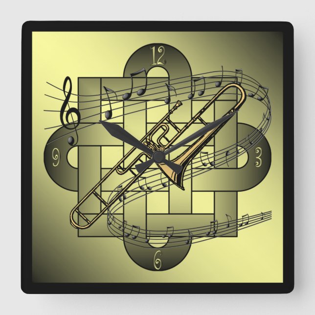 Trombone ~ Musikskala ~ Doppel-Knoten Grafik ~ Quadratische Wanduhr (Vorderseite)