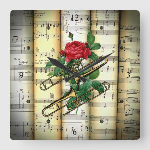 Trombone & Rose ~ Rollband Music ~ Quadratische Wanduhr