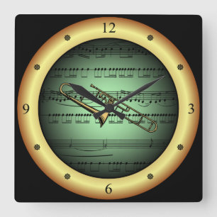 Trombone ~ Sheet Music ~ Green/Gold Background ~ Quadratische Wanduhr