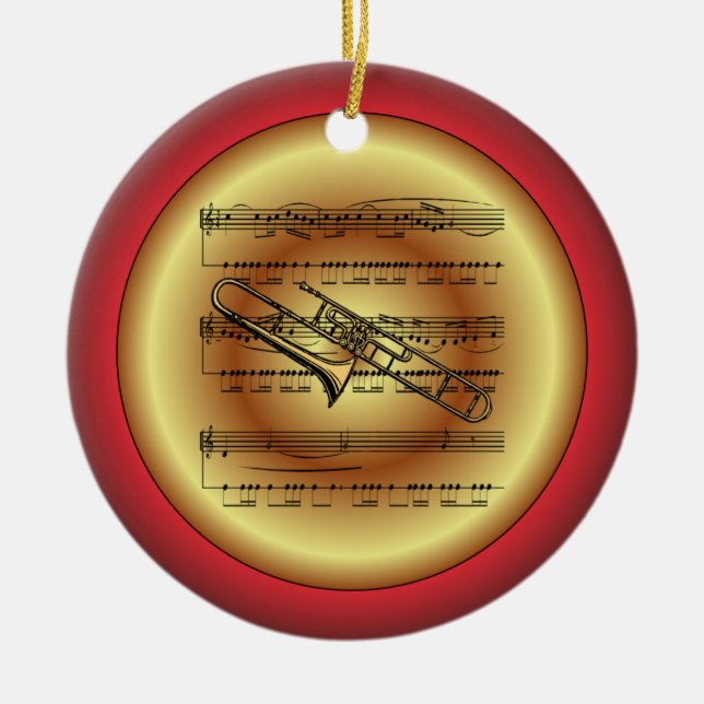 Trombone~Sheet Music~Red/Green/Gold~Christmas~ Keramik Ornament (Vorne)