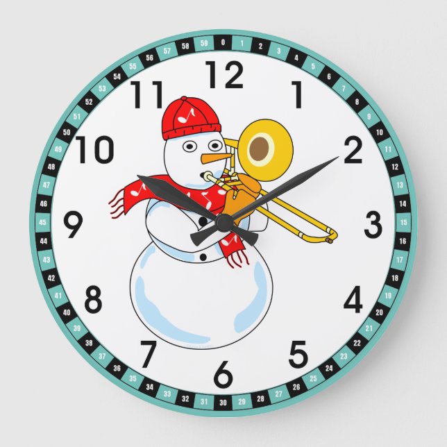 Trombone Snowman Große Wanduhr (Vorderseite)