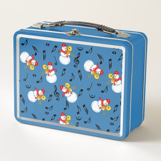 Trombone Snowman Musiknotens Pattern Metall Brotdose (Vorderseite)