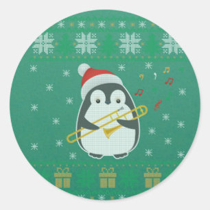 Trombone Ugly Christmas Sweater Pinguin Xmas Famil Runder Aufkleber