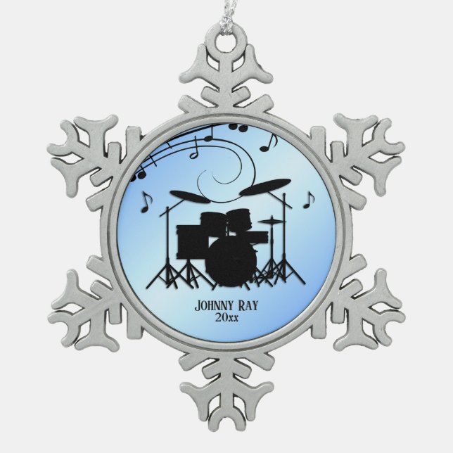 Trommel-blauer persönlicher Name und Datum Schneeflocken Zinn-Ornament (Vorderseite)