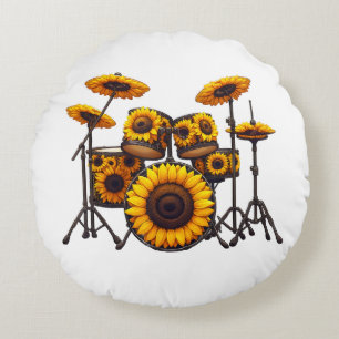 Trommeln Sonnenblumen Blume Musikermusik Flora Rundes Kissen