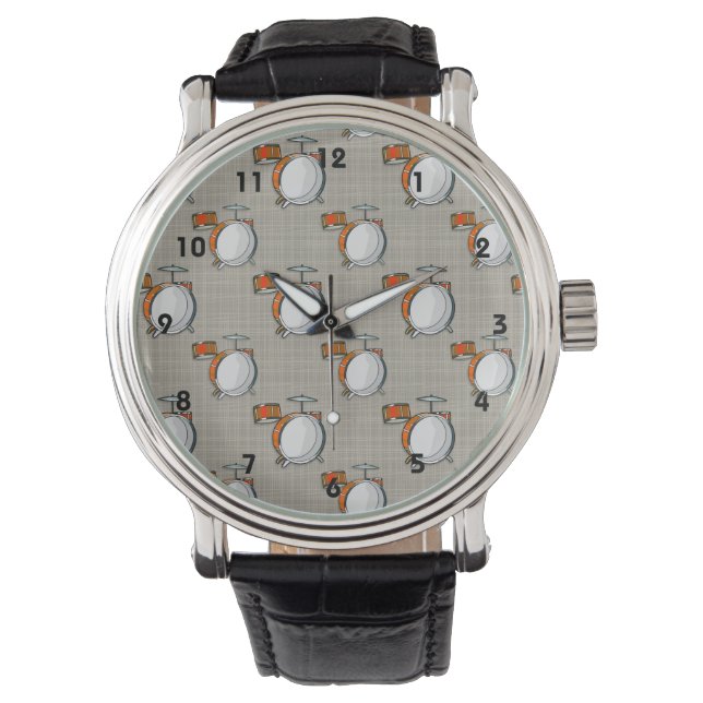TrommelSet; Orangefarbene Trommeln Armbanduhr (Vorderseite)