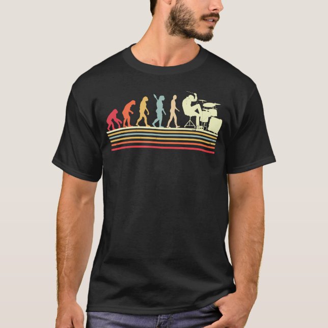 Trommler Evolution Kunst Retro Cool Drum Set Spiel T-Shirt (Vorderseite)