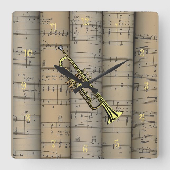 Trompet ~ Hintergrund der Notenblätter ~ Musik Quadratische Wanduhr (Vorderseite)