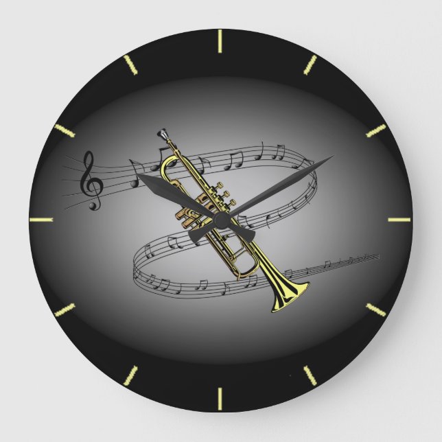 Trompet Musical Scale ~ Schwarz ~ Grauer Hintergru Große Wanduhr (Vorderseite)