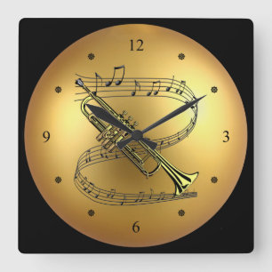 Trompet~Musical Scroll~ Golden Globe Hintergrund ~ Quadratische Wanduhr
