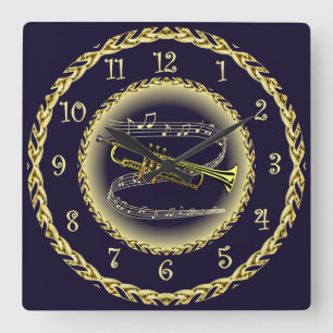 Trompet ~ Musikalische Scroll ~ Gold/Navy Blue ~ Quadratische Wanduhr
