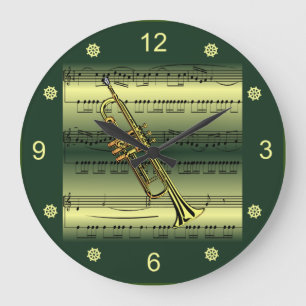 Trompet~Rolled Sheet Music~Gold/Green Background~  Große Wanduhr
