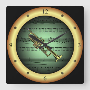 Trompet ~ Sheet Music ~ Green/Gold Background ~ Quadratische Wanduhr