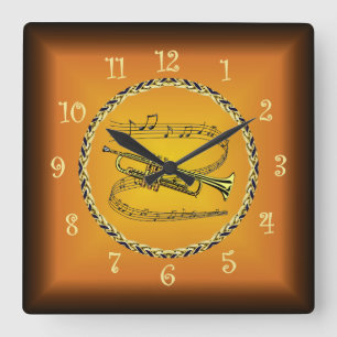 Trompete auf Musical Scroll Russet Orange Timepiec Quadratische Wanduhr